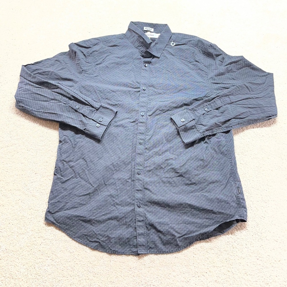 Calvin Klein Button Down Shirt‎ Mens Large Grey Geometric Pattern Long Sleeve